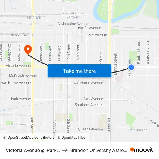 Victoria Avenue @ Park Street King George to Brandon University Astronomical Observatory map