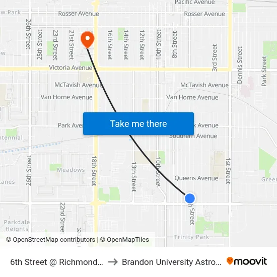 6th Street @ Richmond Avenue (East Side) to Brandon University Astronomical Observatory map