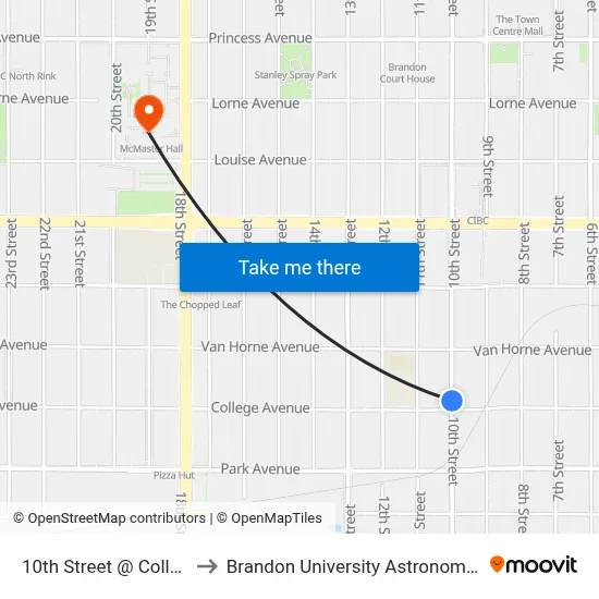 10th Street @ College Avenue to Brandon University Astronomical Observatory map