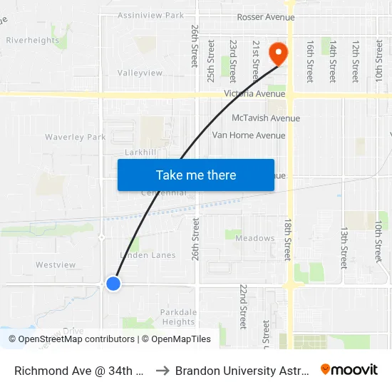 Richmond Ave @ 34th St. (E Of 34th, N Side) to Brandon University Astronomical Observatory map