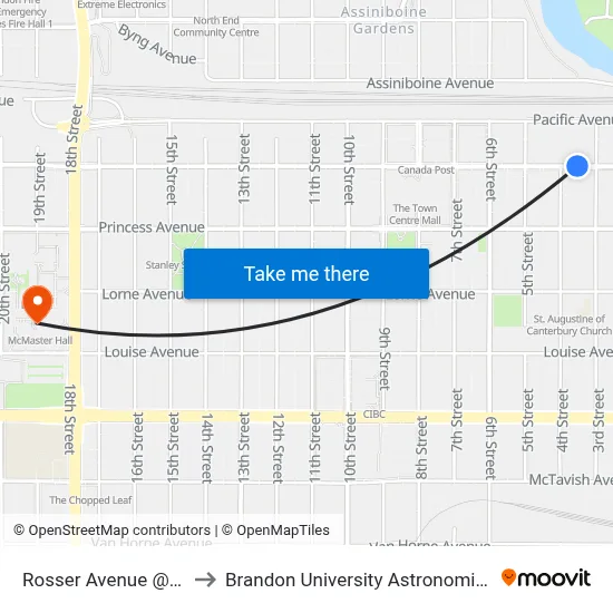 Rosser Avenue @ 3rd Street to Brandon University Astronomical Observatory map