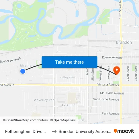 Fotheringham Drive @ Centennial Blvd to Brandon University Astronomical Observatory map