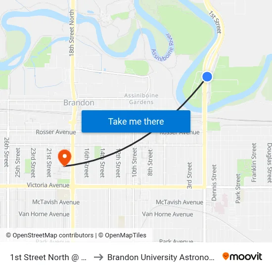 1st Street North @ Optimist Park to Brandon University Astronomical Observatory map