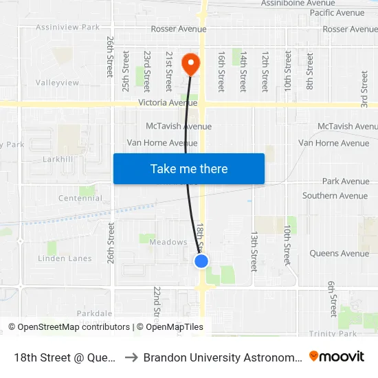 18th Street @ Queen's Avenue to Brandon University Astronomical Observatory map