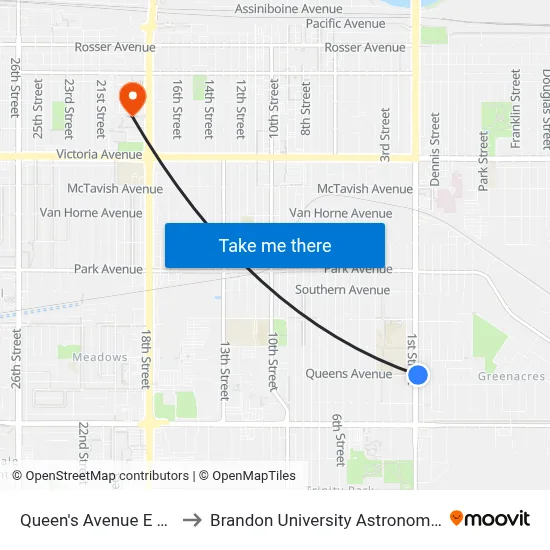 Queen's Avenue E @ 1st Street to Brandon University Astronomical Observatory map