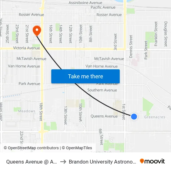Queens Avenue @ Applewood Bay to Brandon University Astronomical Observatory map