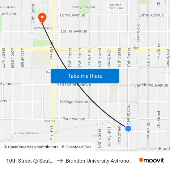 10th Street @ Southern Avenue to Brandon University Astronomical Observatory map