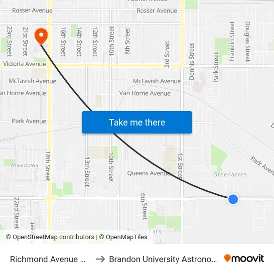 Richmond Avenue @ Percy Street to Brandon University Astronomical Observatory map