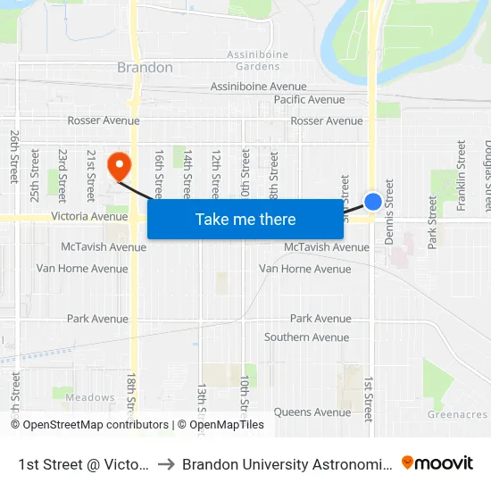 1st Street @ Victoria Avenue to Brandon University Astronomical Observatory map