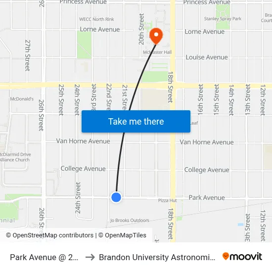 Park Avenue @ 22nd Street to Brandon University Astronomical Observatory map