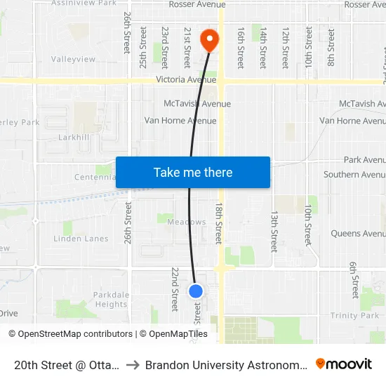 20th Street @ Ottawa Avenue to Brandon University Astronomical Observatory map