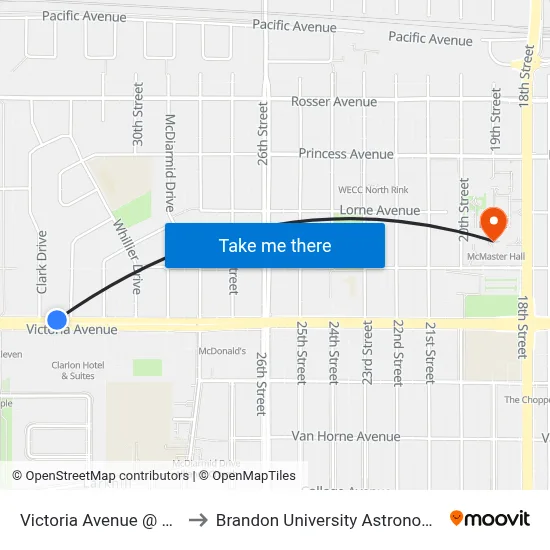 Victoria Avenue @ Noonan Drive to Brandon University Astronomical Observatory map