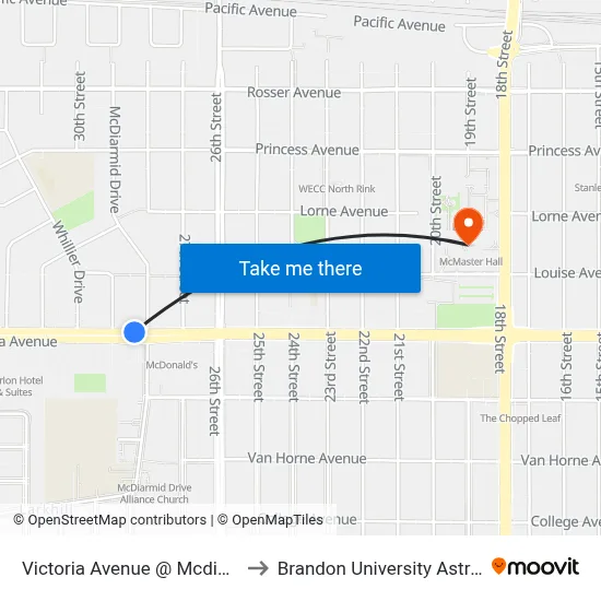 Victoria Avenue @ Mcdiarmid Drive (North Side) to Brandon University Astronomical Observatory map