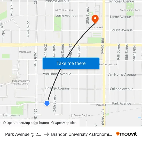 Park Avenue @ 25th Street to Brandon University Astronomical Observatory map
