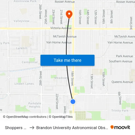 Shoppers Mall to Brandon University Astronomical Observatory map