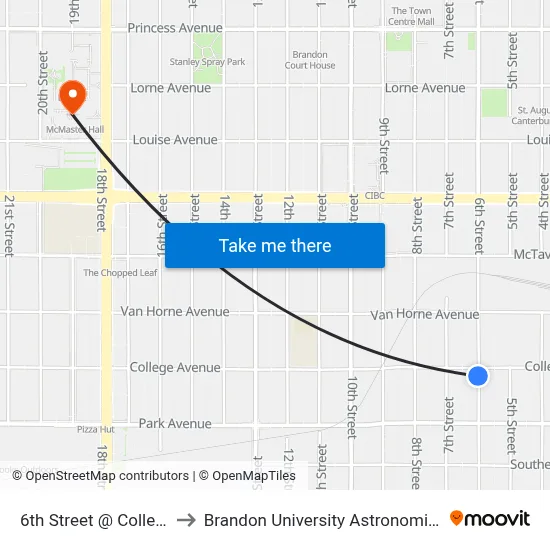 6th Street @ College Avenue to Brandon University Astronomical Observatory map