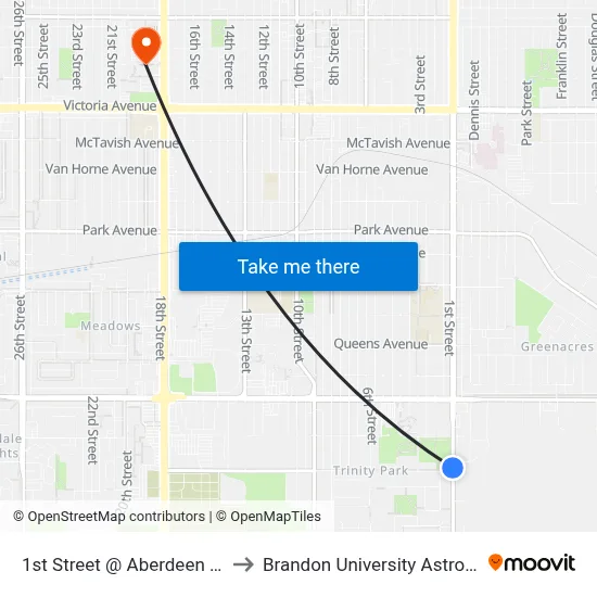 1st Street @ Aberdeen Avenue (West Side) to Brandon University Astronomical Observatory map