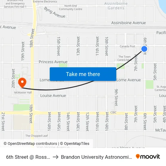 6th Street @ Rosser Avenue to Brandon University Astronomical Observatory map