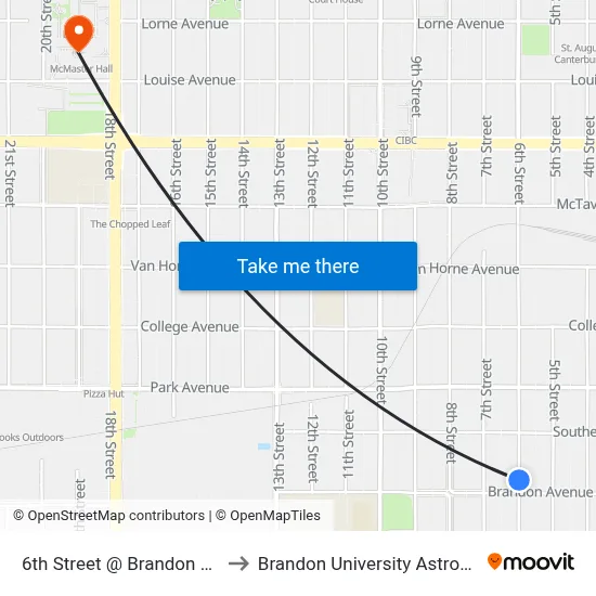 6th Street @ Brandon Avenue (East Side) to Brandon University Astronomical Observatory map