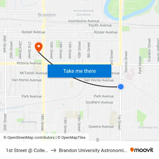 1st Street @ College Avenue to Brandon University Astronomical Observatory map