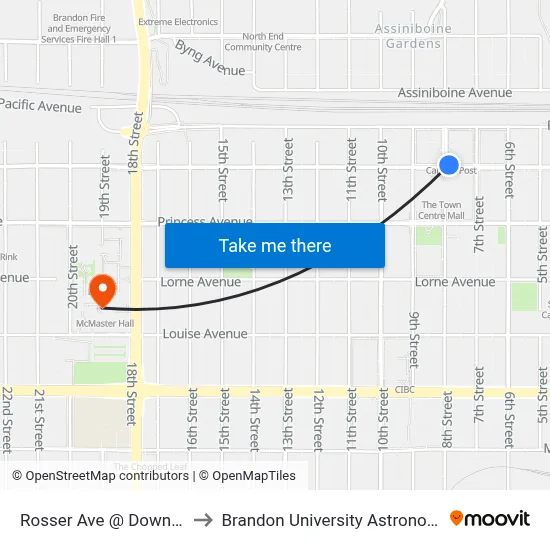 Rosser Ave @ Downtown Terminal to Brandon University Astronomical Observatory map