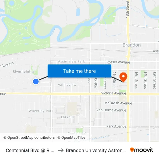 Centennial Blvd @ Riverheights Drive to Brandon University Astronomical Observatory map