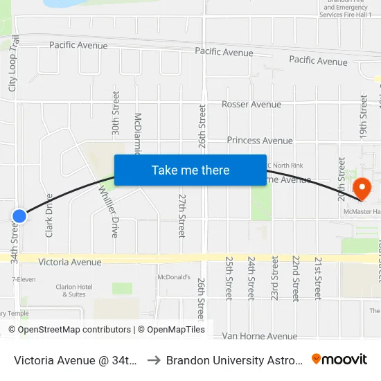 Victoria Avenue @ 34th Street Stop (East) to Brandon University Astronomical Observatory map