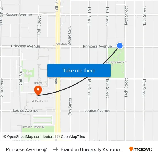 Princess Avenue @ 14th Street to Brandon University Astronomical Observatory map