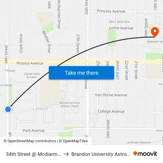 34th Street @ Mcdiarmid Drive (East Side) to Brandon University Astronomical Observatory map