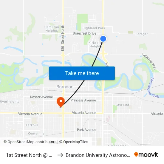 1st Street North @ Highland Road to Brandon University Astronomical Observatory map