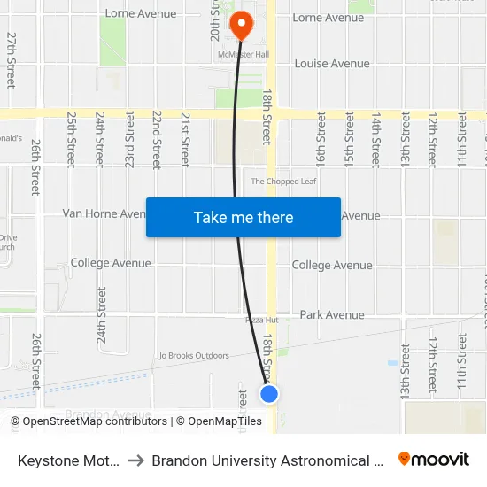 Keystone Motor Inn to Brandon University Astronomical Observatory map