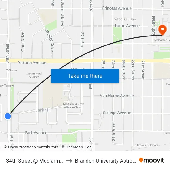 34th Street @ Mcdiarmid Drive (West Side) to Brandon University Astronomical Observatory map