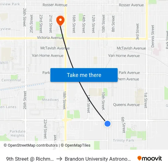 9th Street @ Richmond Avenue to Brandon University Astronomical Observatory map