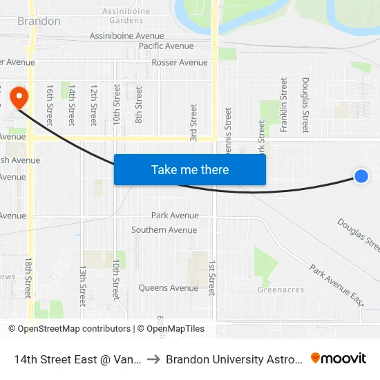 14th Street East @ Vanhorne Avenue East to Brandon University Astronomical Observatory map