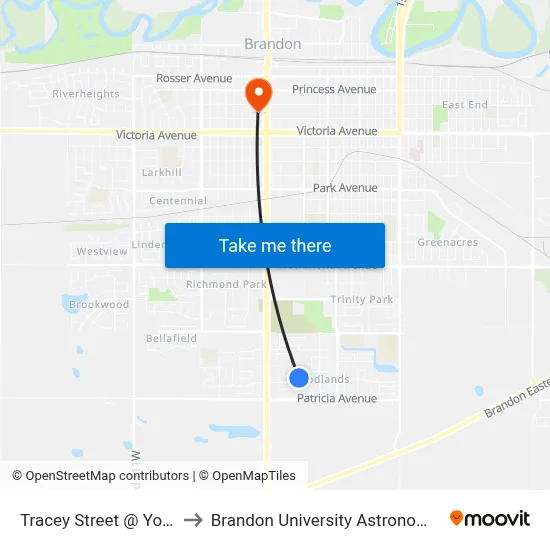 Tracey Street @ Young Avenue to Brandon University Astronomical Observatory map