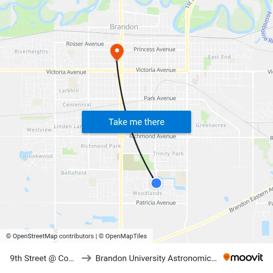 9th Street @ Coulter Way to Brandon University Astronomical Observatory map