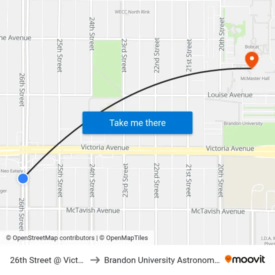 26th Street @ Victoria Avenue to Brandon University Astronomical Observatory map