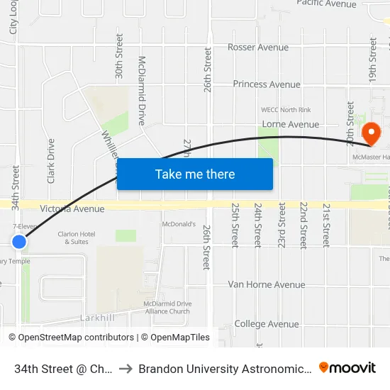 34th Street @ Cherry Cres to Brandon University Astronomical Observatory map