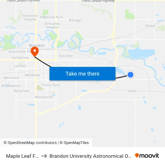 Maple Leaf Foods to Brandon University Astronomical Observatory map
