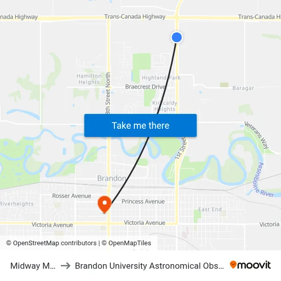 Midway Motel to Brandon University Astronomical Observatory map