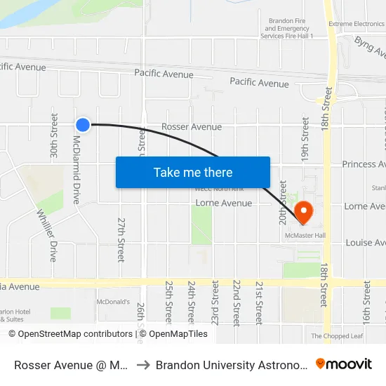 Rosser Avenue @ Mcdiarmid Drive to Brandon University Astronomical Observatory map