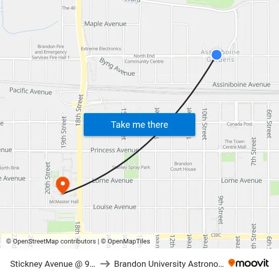 Stickney Avenue @ 9th Street North to Brandon University Astronomical Observatory map