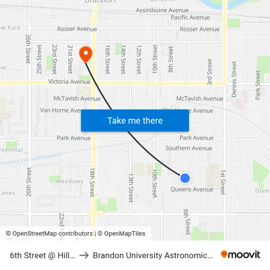6th Street @ Hill Avenue to Brandon University Astronomical Observatory map