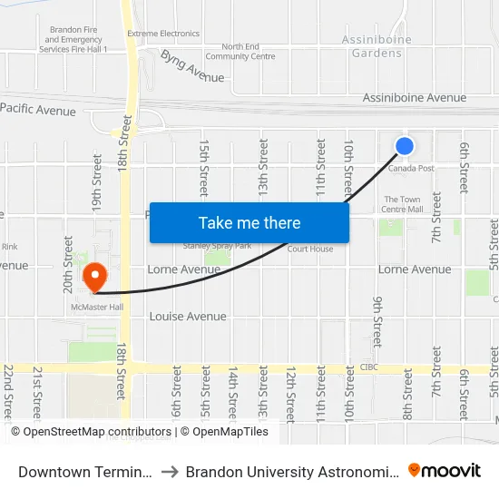 Downtown Terminal (Return) to Brandon University Astronomical Observatory map