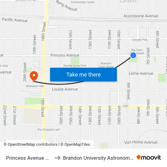 Princess Avenue @ 8th Street to Brandon University Astronomical Observatory map