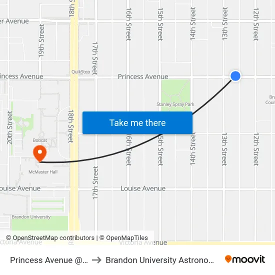 Princess Avenue @ 13th Street to Brandon University Astronomical Observatory map