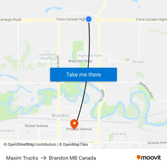 Maxim Trucks to Brandon MB Canada map