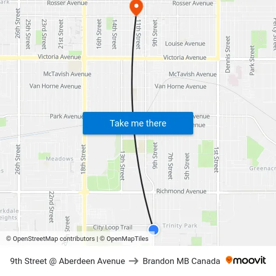 9th Street @ Aberdeen Avenue to Brandon MB Canada map