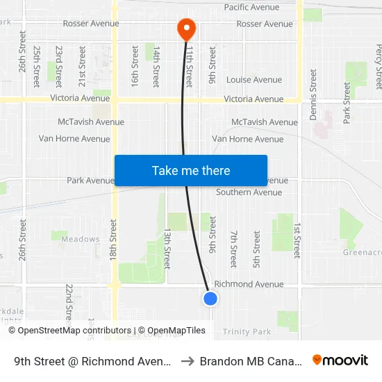 9th Street @ Richmond Avenue to Brandon MB Canada map