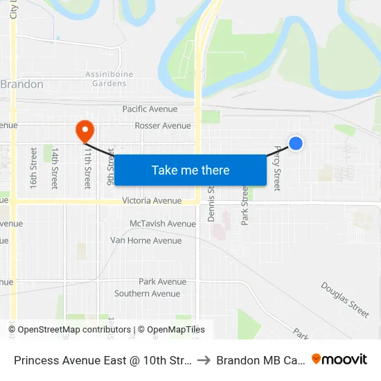 Princess Avenue East @ 10th Street East to Brandon MB Canada map